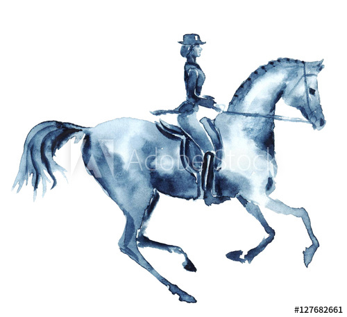 500x457 watercolor rider and dressage galloping horse on white england