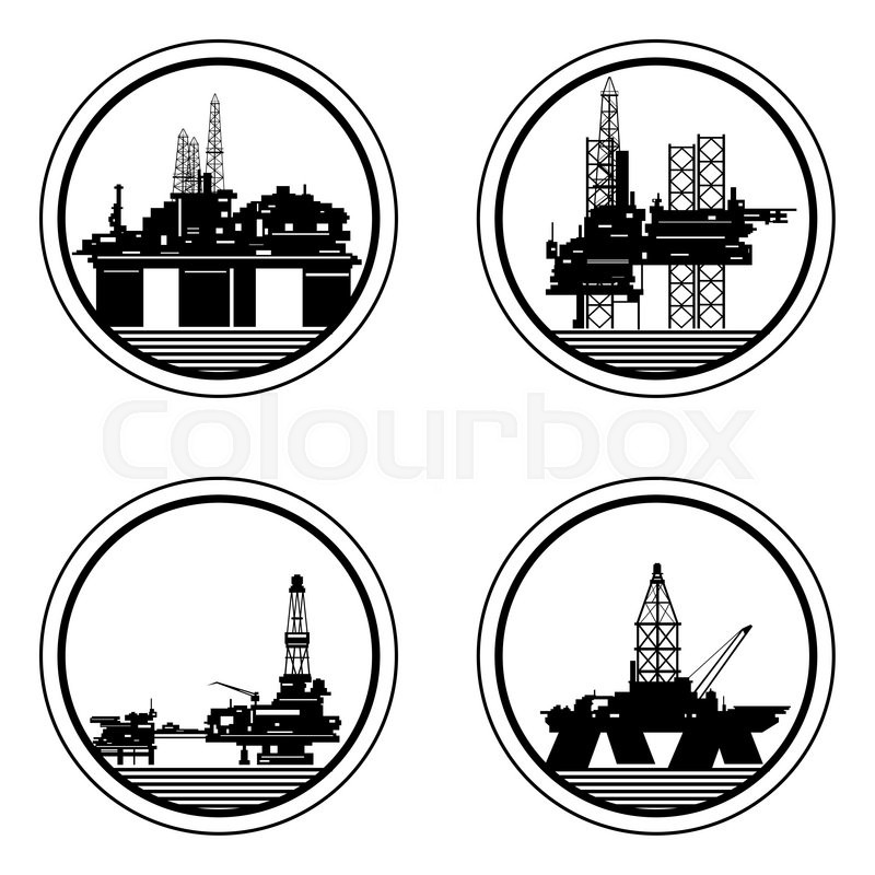 800x800 badges with drilling rigs and oil platforms illustration on white