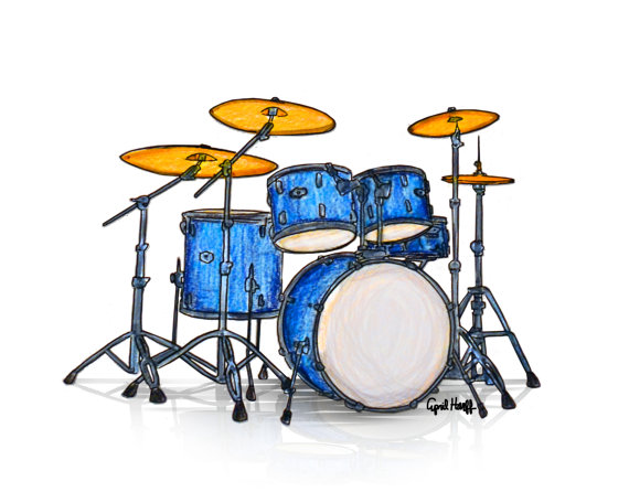570x456 Drumset Pencil Print Musican Wall Art, Blue Drum Set, Music