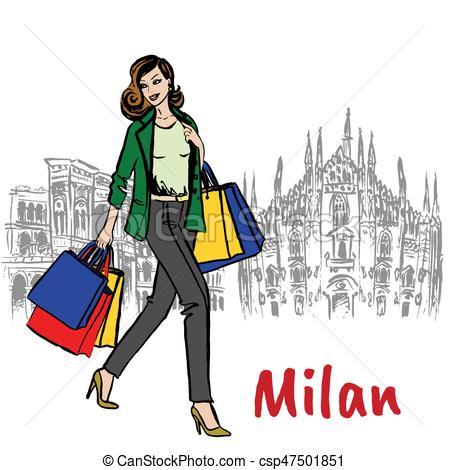 449x470 Woman And Milan Cathedral Sketch Of Woman With Shopping Bags Near