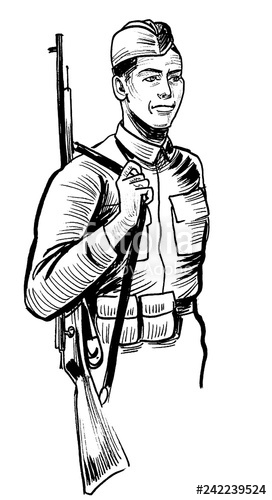 272x500 Soldier With Rifle On Duty Ink Black And White Drawing Stock