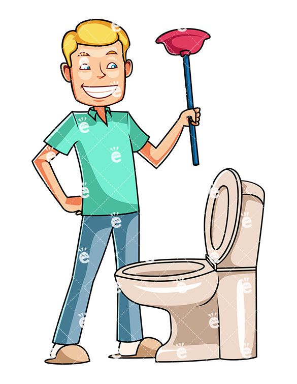 585x755 a man looking down at a toilet holding a plunger in clipart
