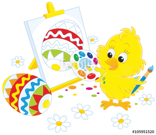 500x434 Easter Chick Drawing A Colorfully Decorated Egg On His Canvas