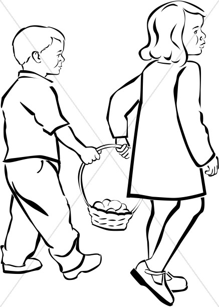 437x612 Kids Holding Easter Basket In Black And White Easter Egg Clipart