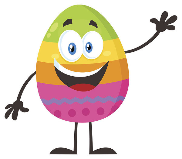 600x523 Happy Colored Easter Egg Cartoon Mascot Character Waving