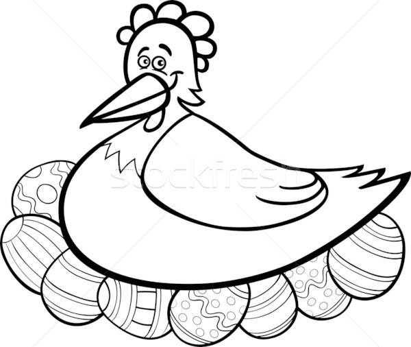 600x506 Hen Hatching Easter Eggs Cartoon For Coloring Vector Illustration