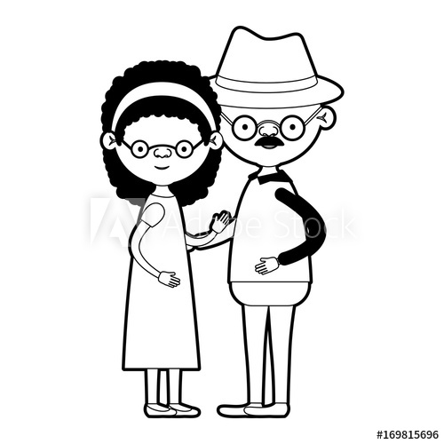 500x500 Caricature Full Body Elderly Couple Grandmother With Bow Lace