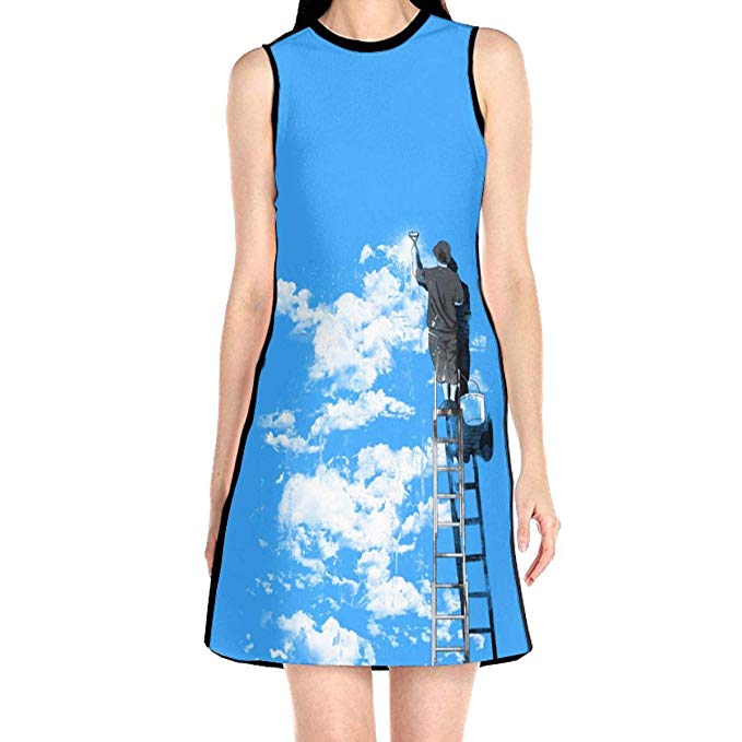 679x679 Laur Sleeveless Scuba Sheath Dress Blue Sky Drawing Print