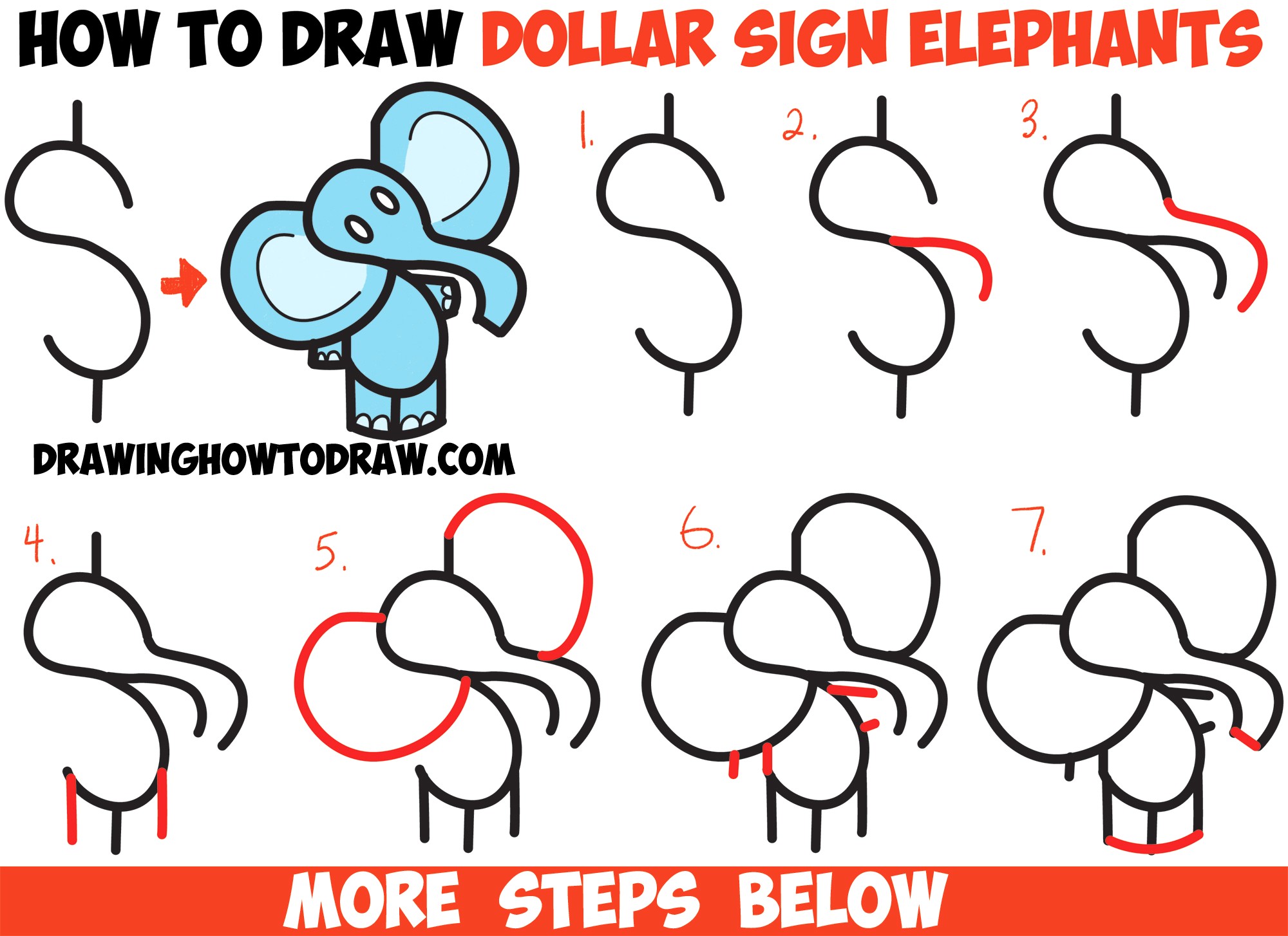 2000x1454 How To Draw Cartoon Elephants From Dollar Sign Easy Step