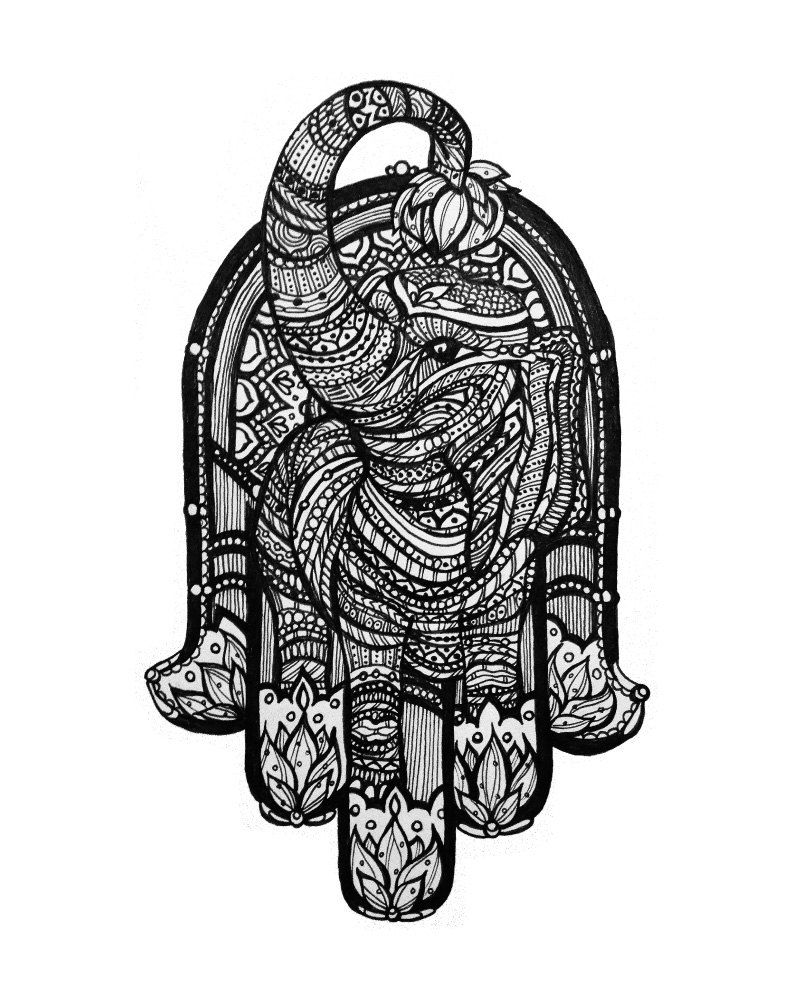 792x1008 Elephant Hamsa Lotus Print From Original Pen And Ink