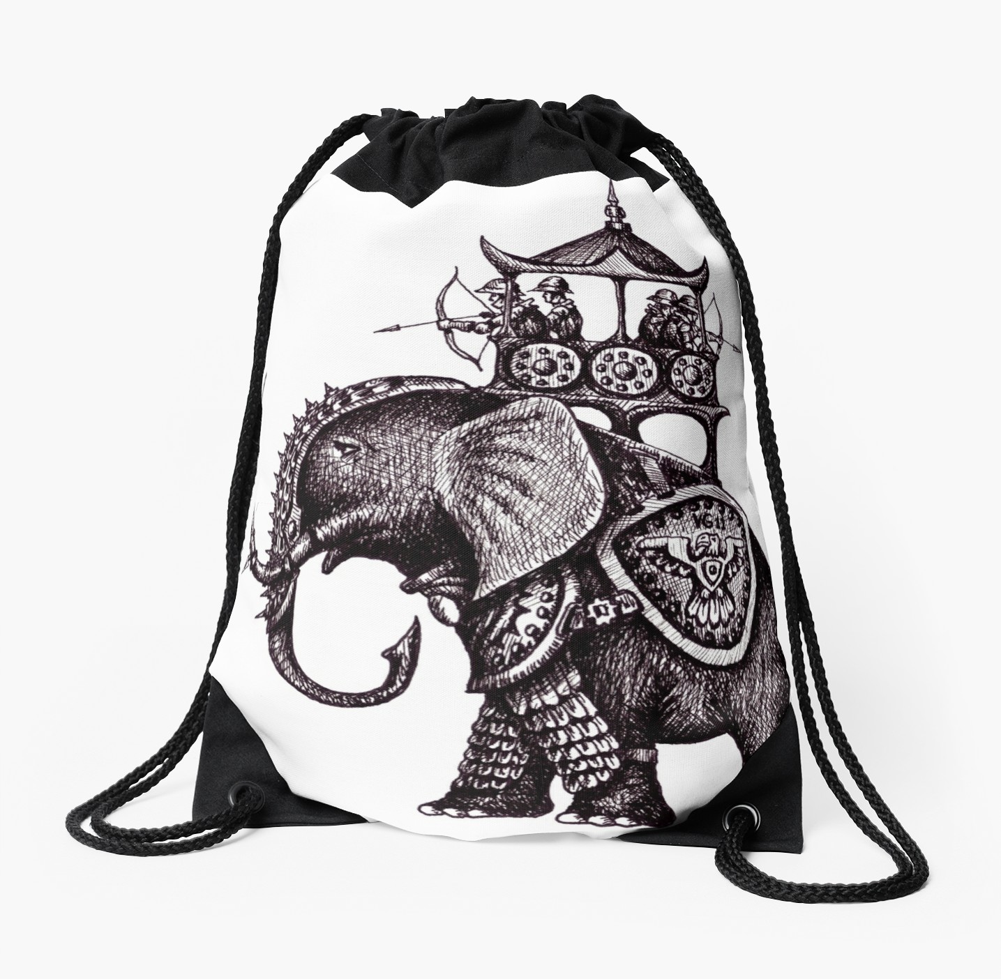 1435x1404 War Elephant Black And White Pen Ink Drawing Drawstring Bag