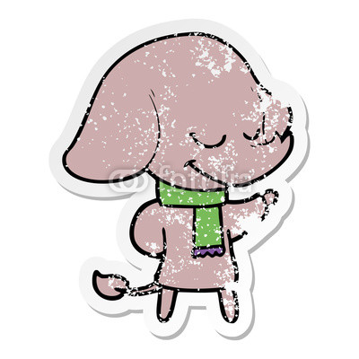 400x400 Distressed Sticker Of A Cartoon Smiling Elephant Wearing Scarf