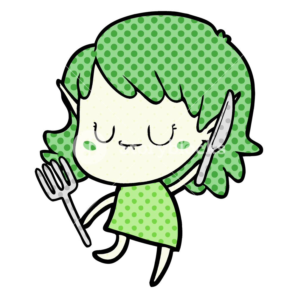 1000x1000 Happy Cartoon Elf Girl With Knife And Fork Royalty Free Stock