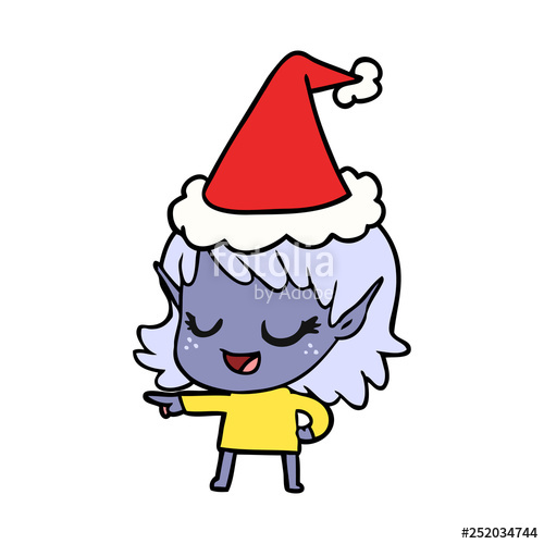 500x500 Happy Line Drawing Of A Elf Girl Pointing Wearing Santa Hat Stock