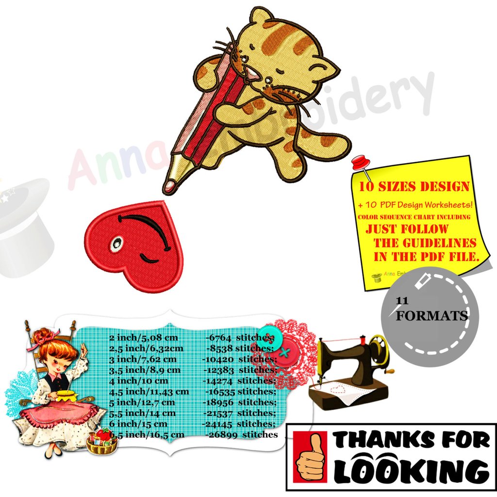 1024x1024 Kitty Heart Machine Embroidery Design Cute Cat Drawing Heart