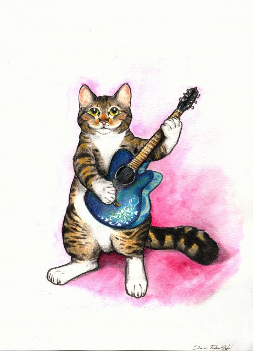 500x695 Hepcat Original Mixed Media Painting Drawing Tabby Cat Guitar