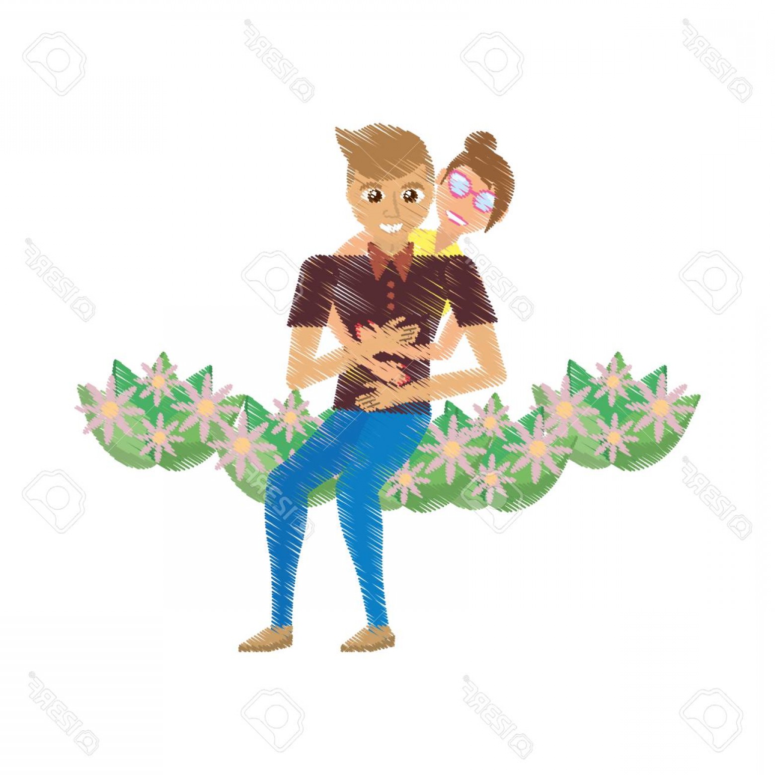 1560x1560 Photostock Vector Drawing Romantic Couple Sitting Flower Garden