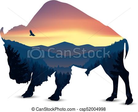 450x365 silhouette of bison silhouette of bull with panorama of mountains