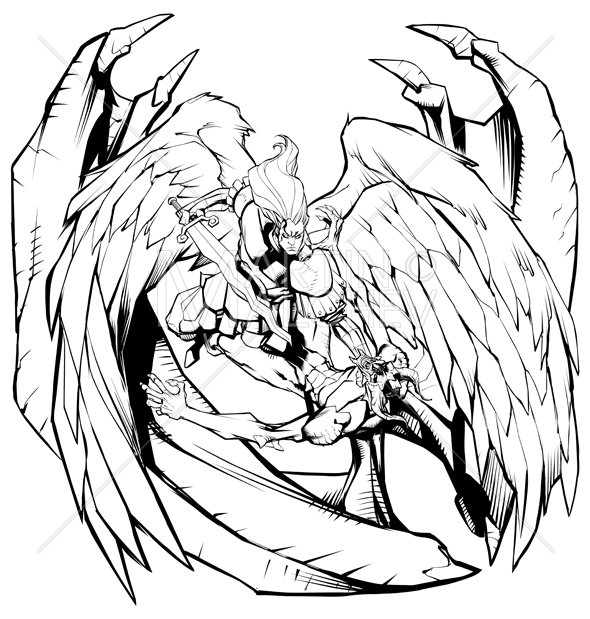 590x619 Angel Versus Devil Line Art Vector Illustration Michael Etsy