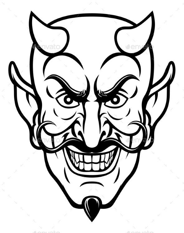 590x749 A Devil Cartoon Character Sports Mascot Face With An Evil Grin