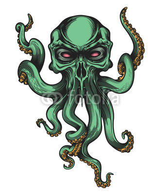329x400 Evil Skull Octopus Mascot In Engraving Technique Vector