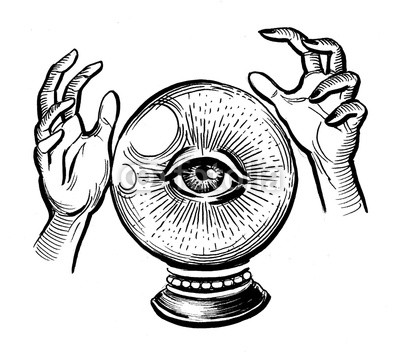 400x352 Crystal Ball With An Eye And Hands Black And White Ink Drawing