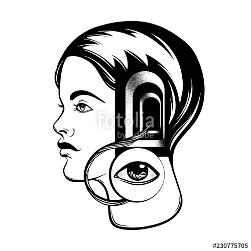 500x500 Vector Hand Drawn Illustration Of Young Girl With Door In Her Head