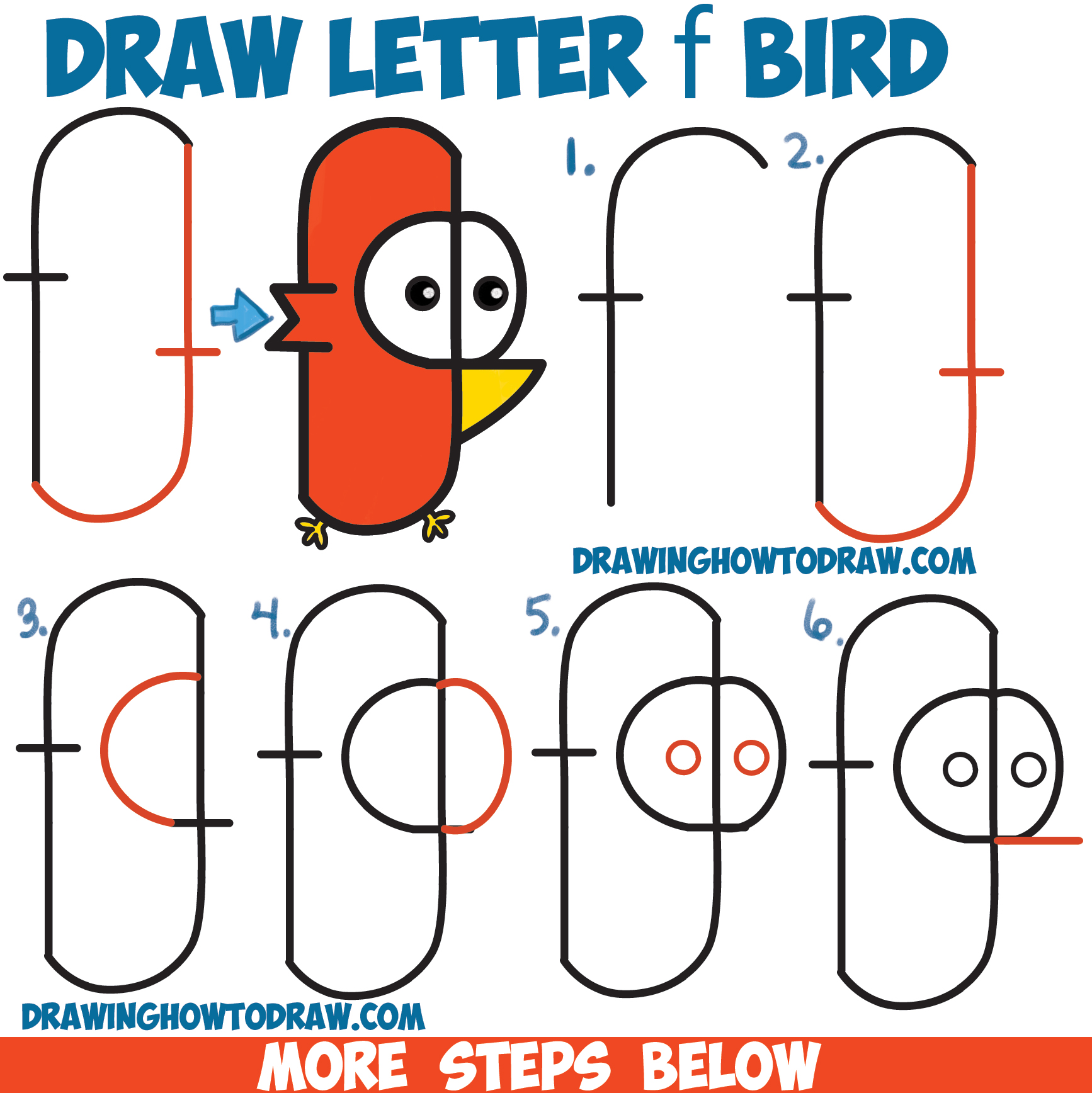 1734x1736 how to draw cute cartoon bird from lowercase letter 'f' shapes