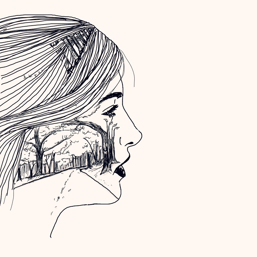 884x884 trees and pillars drawing art face girl trees pillar