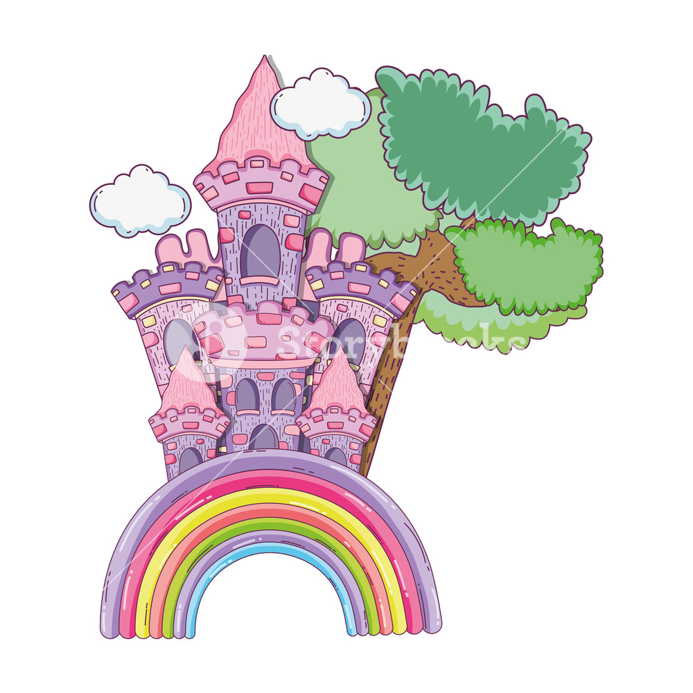 1000x1000 Beautiful Fairytale Castle With Rainbow Vector Illustration Design