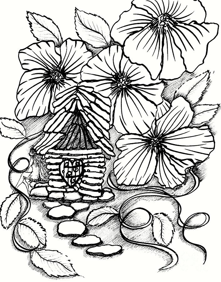 706x900 Tiny Stone House And Petunias Drawing