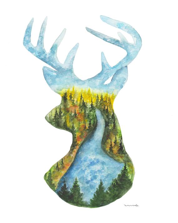 570x713 Deer Fall Scene Watercolor Print Etsy