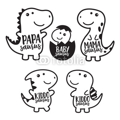 400x400 Cute Dinosaur Family Cartoon Character In Black Outlined Vector