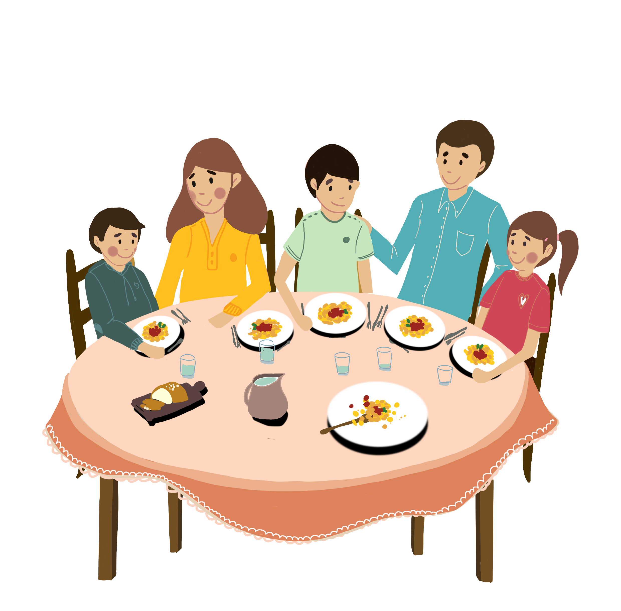 Садимся ужинать. Семья за столом. Семья завтракает за столом. Семейный ужин. Обед мультяшный.