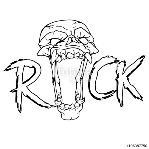 500x500 skull with fangs in the inscription rock, black and white drawing