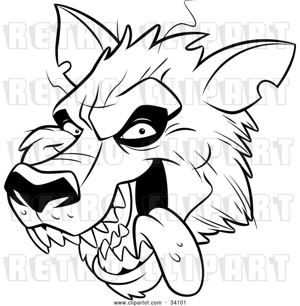 1024x1044 vector clip art of retro panting werewolf head with fangs, hanging
