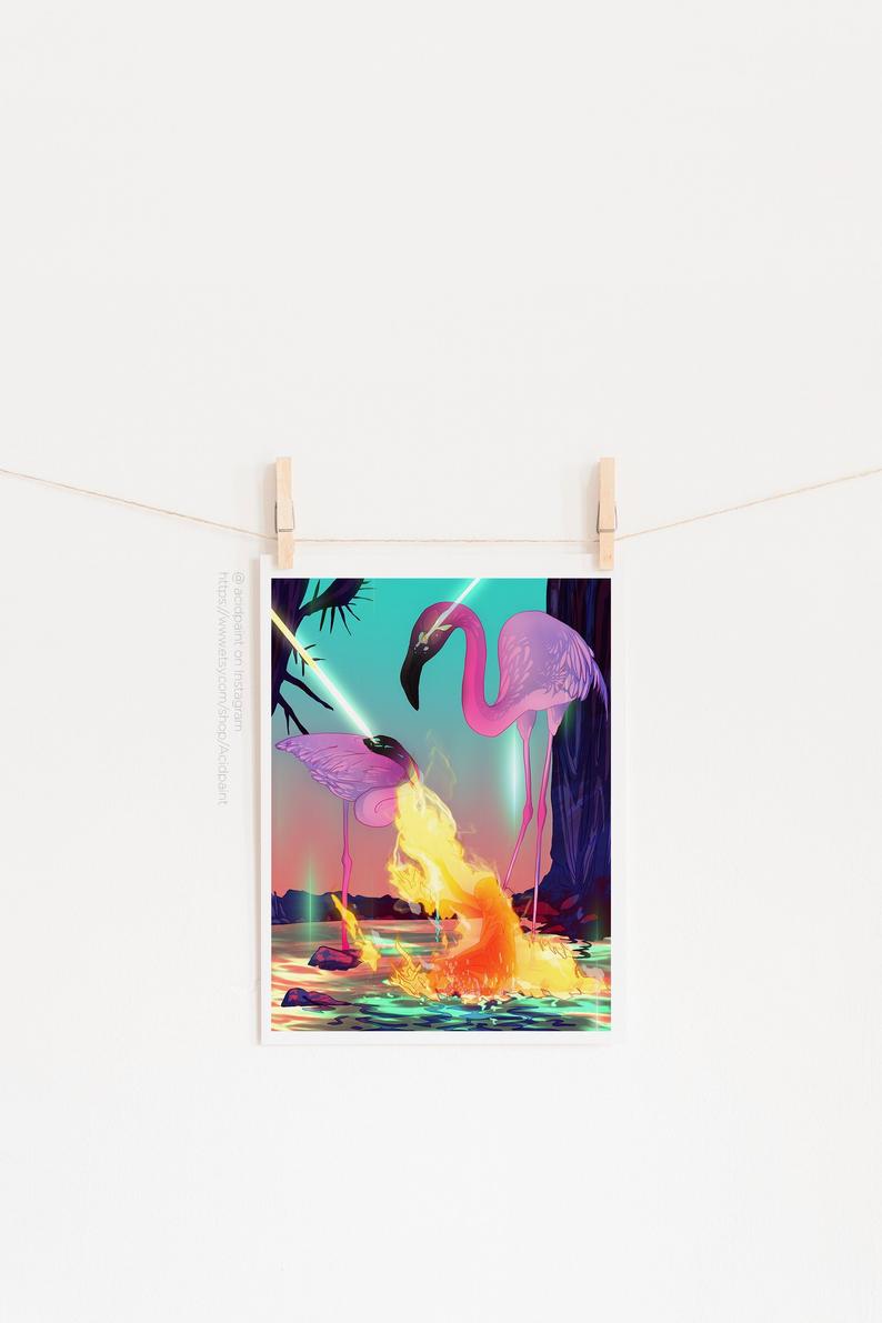 794x1191 Cyberpunk Art Print Fantasy Retropunk Flamingo Pink Decor Etsy