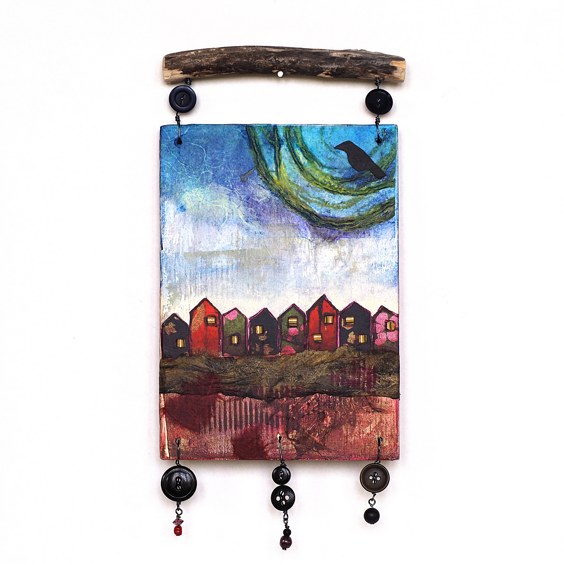 1800x1800 Mixed Media Art Wall Hanging, Fantasy Landscape With Little Houses