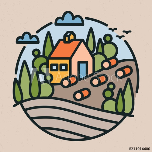 500x500 colorful logotype with rural or countryside landscape, farm