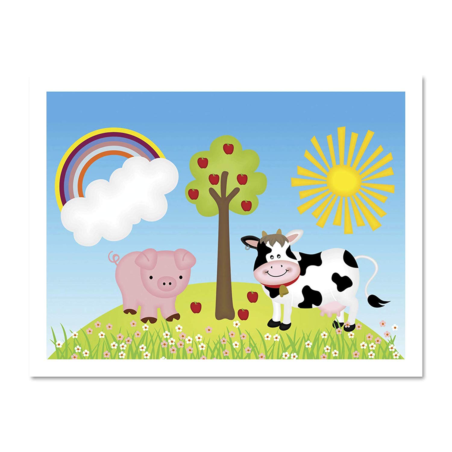 1500x1500 Painting Drawing Children Kids Farm Animals Sun Rainbow Art Print