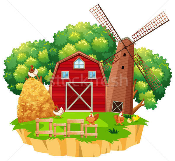 600x554 Farm Scene With Red Barn And Wooden Windmill Vector Illustration