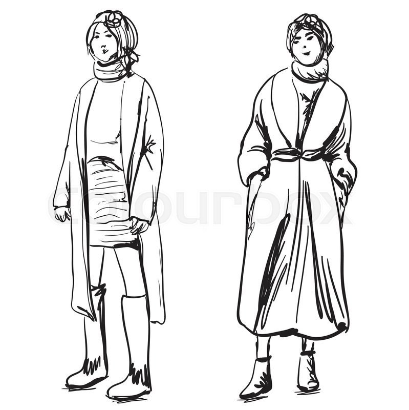 799x800 Sketch Of Woman Wearing Coat Fashion Stock Vector Colourbox