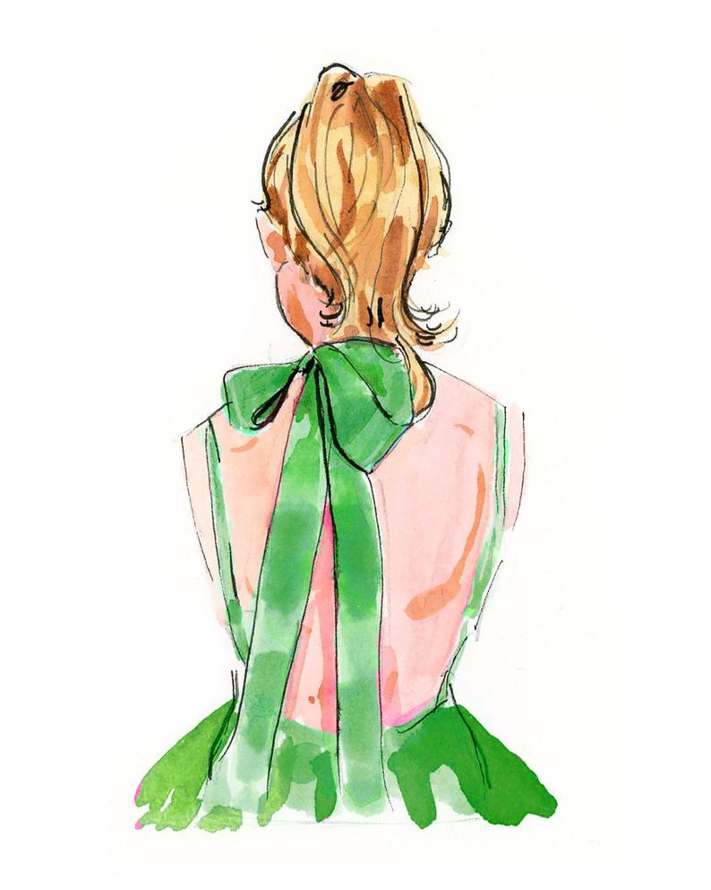 794x993 Fashion Illustration Art Print Bow Back Dress In Green Etsy