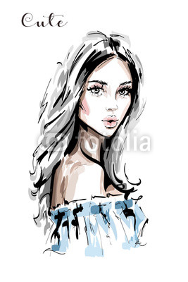 267x400 Hand Drawn Beautiful Young Woman Portrait Stylish Elegant Girl