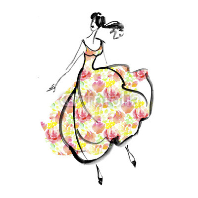 400x400 Fashion Girl In Floral Dress Concept Watercolor Sketch Illustra