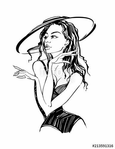385x500 Girl Model In A Hat Sketch Beauty Style Fashion Illustration