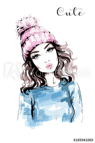 334x500 Hand Drawn Beautiful Woman Portrait Fashion Woman In Knitted Hat