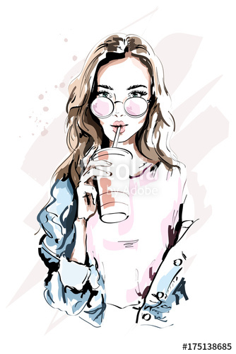 334x500 Hand Drawn Beautiful Young Woman Portrait Fashion Girl