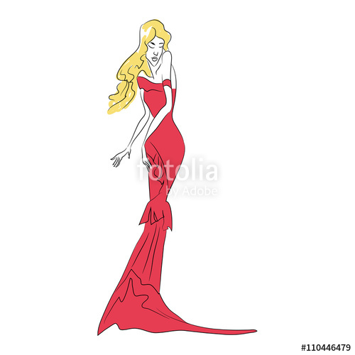 500x500 Vector Fashion Sketch Beautiful Blonde Model Standing In Long Red