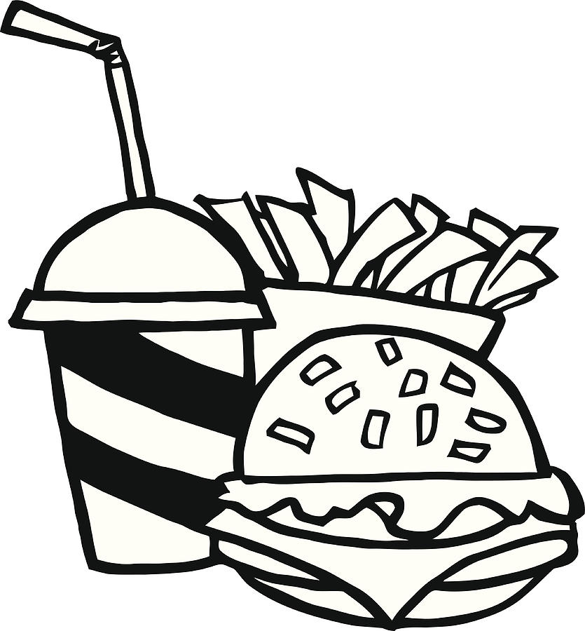 835x900 Black And White Fast Food Hamburger, Drink Also French Fries